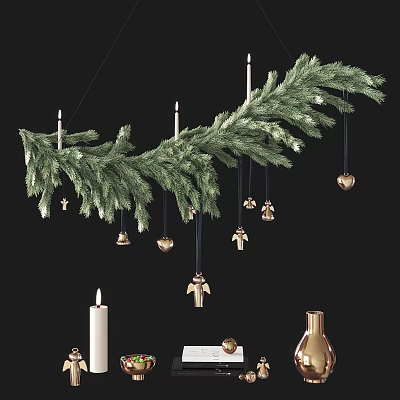 Elegant Festive Decorative Ornament Set With Green Pine Branches Candles Angel Figurines And Golden Ornaments 3d model