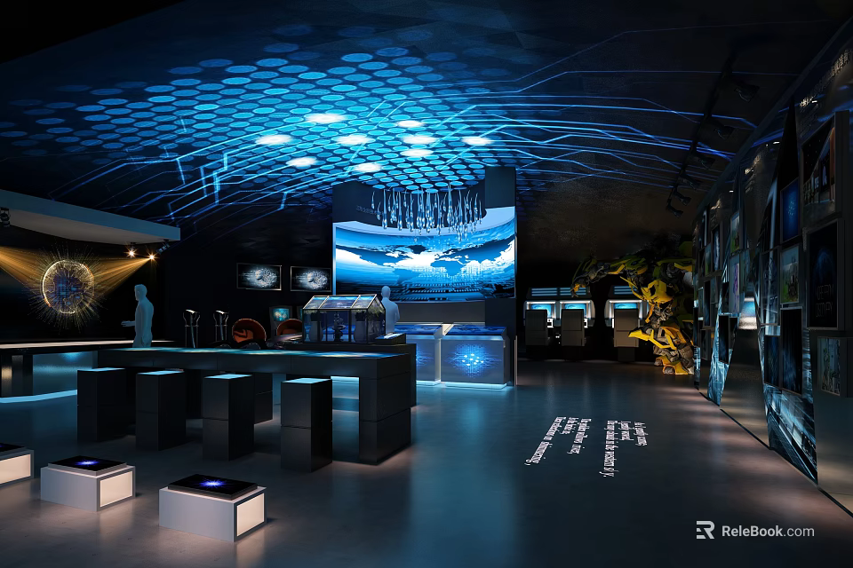 Modern Interactive Exhibition Space With Large Screen Display And Lighting Design Elements 3d model 