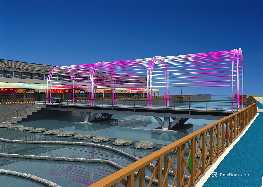 Waterfront Landscape Bridge With Pink Arched Structure Stone Stepping Stones And Wooden Railings 3d model 