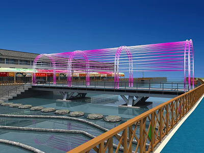 Waterfront Landscape Bridge With Pink Arched Structure Stone Stepping Stones And Wooden Railings 3d model