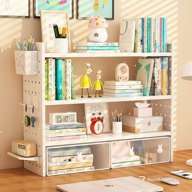 White Bookshelf with Books Stationery Decorative Figures Alarm Clock Storage Boxes 3d model 