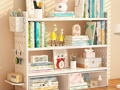 White Bookshelf with Books Stationery Decorative Figures Alarm Clock Storage Boxes 3d model