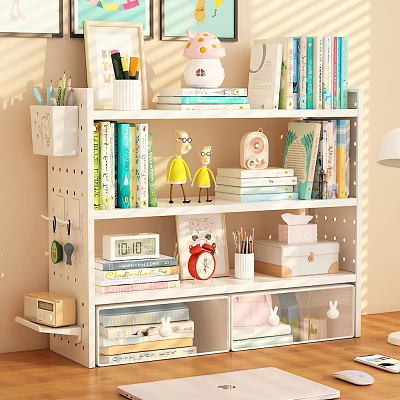 White Bookshelf with Books Stationery Decorative Figures Alarm Clock Storage Boxes 3d model