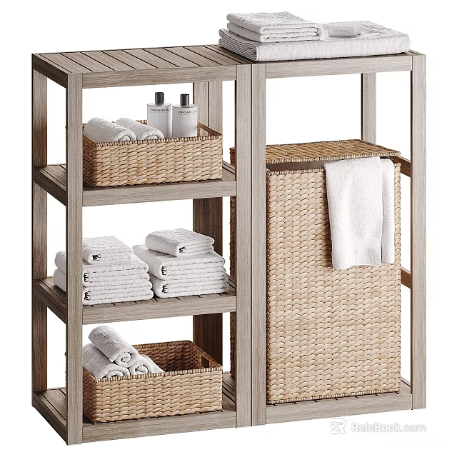 Wooden Bathroom Storage Shelf With Stacked Towels Toiletries And Woven Baskets 3d model 