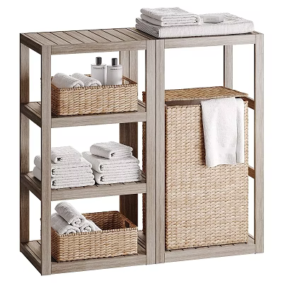 Wooden Bathroom Storage Shelf With Stacked Towels Toiletries And Woven Baskets 3d model