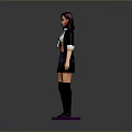 Woman In White Top And Black Jacket With Plaid Skirt On Purple Base Gray Background