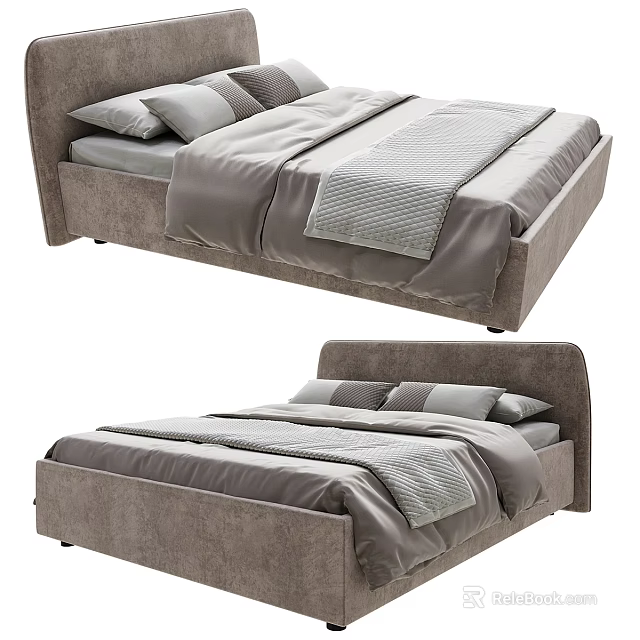 Modern Upholstered Double Bed With Gray Bedding And Soft Headboard 3d model