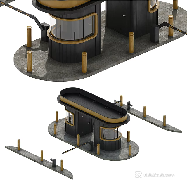 Modern Public Facility With Curved Roof Golden Pillars And Circular Windows 3d model 