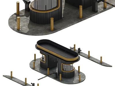Modern Public Facility With Curved Roof Golden Pillars And Circular Windows 3d model