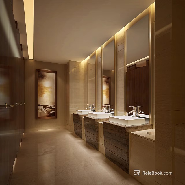Modern Public Restroom With Multiple Sinks Marble Countertops Mirrors And Decorative Painting 3d model 