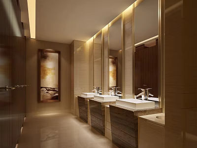 Modern Public Restroom With Multiple Sinks Marble Countertops Mirrors And Decorative Painting 3d model