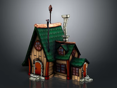 Fairy Tale Cottage Building With Green Roof Wooden Structure Small Windows Chimney And Weather Vane 3d model