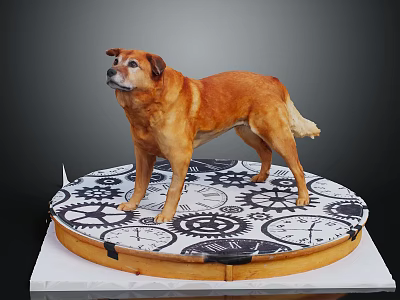 Brown Dog Standing on Circular Base With Gear and Clock Patterns 3d model