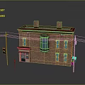 Brick Building Red Roof Two Chimneys Blue Windows Porch Traffic Light Stop Sign Ground Reflection