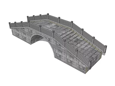 Stone Arch Landscape Bridge With Slate Deck Railings And Decorative Pillars 3d model