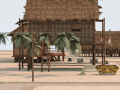 Thatched House With Palm Trees And Wooden Structure On Sandy Ground 3d model