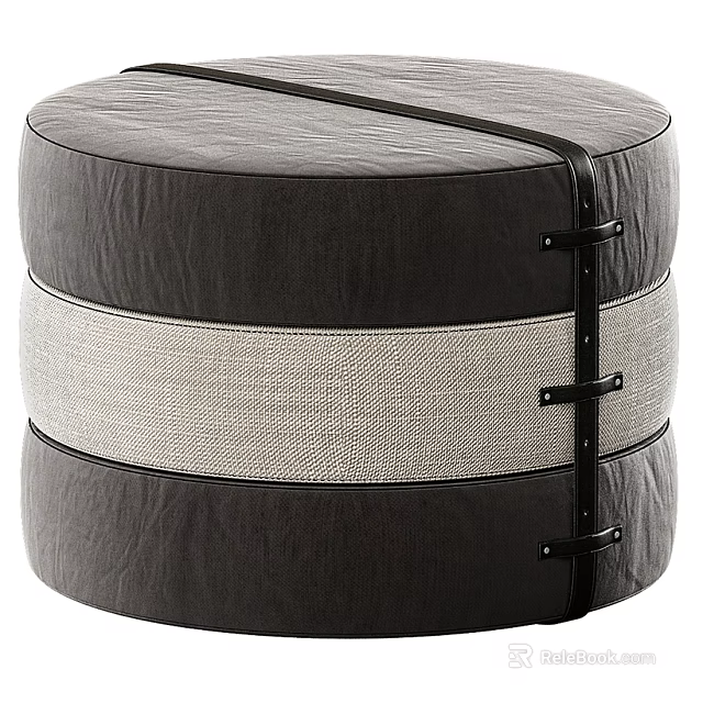 Modern Cylindrical Ottoman With Black Leather Beige Fabric And Metal Buckles 3d model 