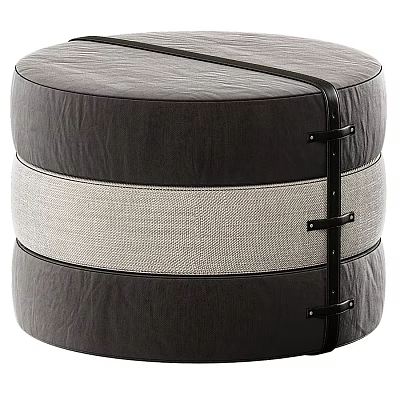 Modern Cylindrical Ottoman With Black Leather Beige Fabric And Metal Buckles 3d model