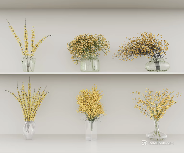 Multiple Transparent Glass Vases With Yellow Flowers Arranged On White Shelves 3d model 