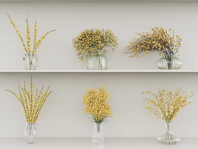 Multiple Transparent Glass Vases With Yellow Flowers Arranged On White Shelves 3d model