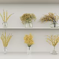 Multiple Transparent Glass Vases With Yellow Flowers Arranged On White Shelves