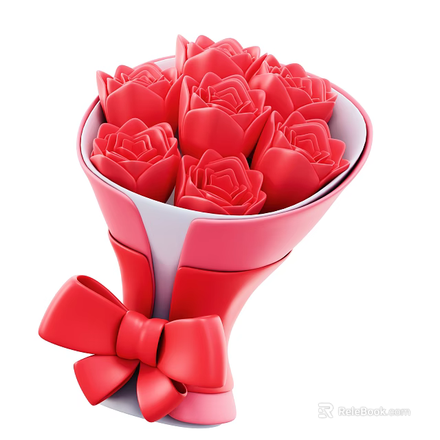 Beautiful Red Roses Bouquet With Red Wrapping And Large Bow Decoration 3d model 