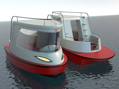 Two Red And White Small Boats Floating On Calm Water Surface 3d model