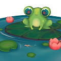 Green Frog Landscape Sculpture With Heart Shaped Eyes On Lotus Leaf And Pink Flowers