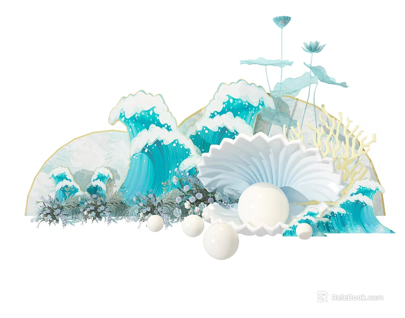 Artistic Decorative Scene Featuring Blue Waves Shell Pearls And Lotus Flowers 3d model 