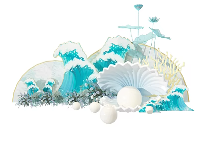 Artistic Decorative Scene Featuring Blue Waves Shell Pearls And Lotus Flowers 3d model