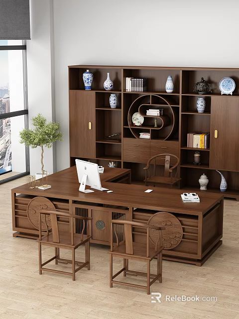 Chinese Style Wooden Office Desk With Computer Monitor Books Window View And Decorative Bookshelf 3d model 