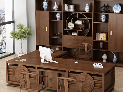 Chinese Style Wooden Office Desk With Computer Monitor Books Window View And Decorative Bookshelf 3d model