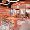 Orange Themed Restaurant Interior With Circular Pendant Lights Open Layout Tables And Chairs 3d model
