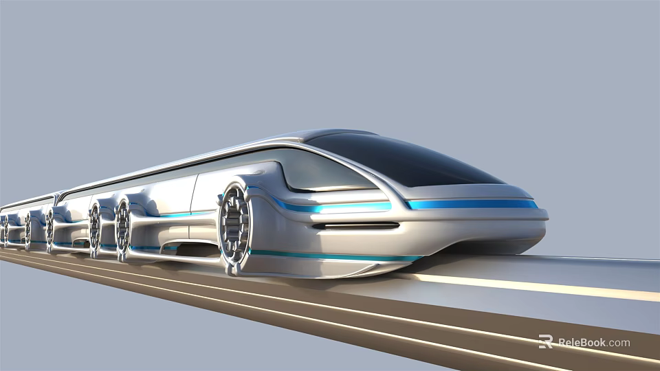 Futuristic High Speed Train with Streamlined Silver Body and Blue Stripes Moving on Track 3d model 