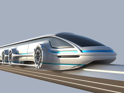 Futuristic High Speed Train with Streamlined Silver Body and Blue Stripes Moving on Track 3d model