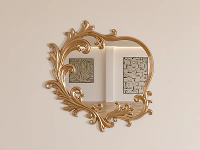 Elegant Golden Heart Shaped Mirror with Ornate Carved Frame on Light Wall 3d model