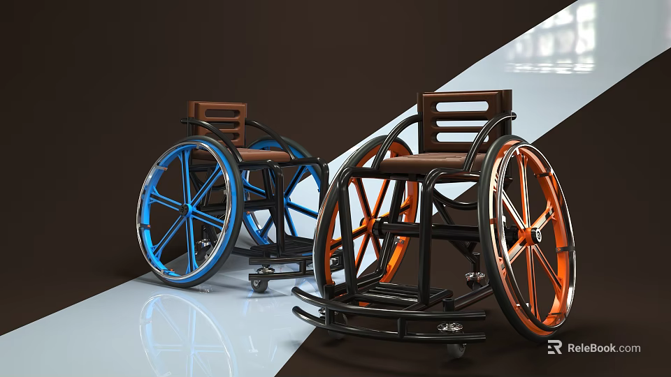 Modern Medical Wheelchair With Leather Seat Durable Frame And Blue And Orange Wheels 3d model 
