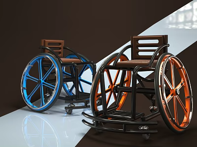Modern Medical Wheelchair With Leather Seat Durable Frame And Blue And Orange Wheels 3d model