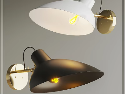 Modern White and Black Wall Lamps with Brass Bases Illuminated Visible Bulbs 3d model