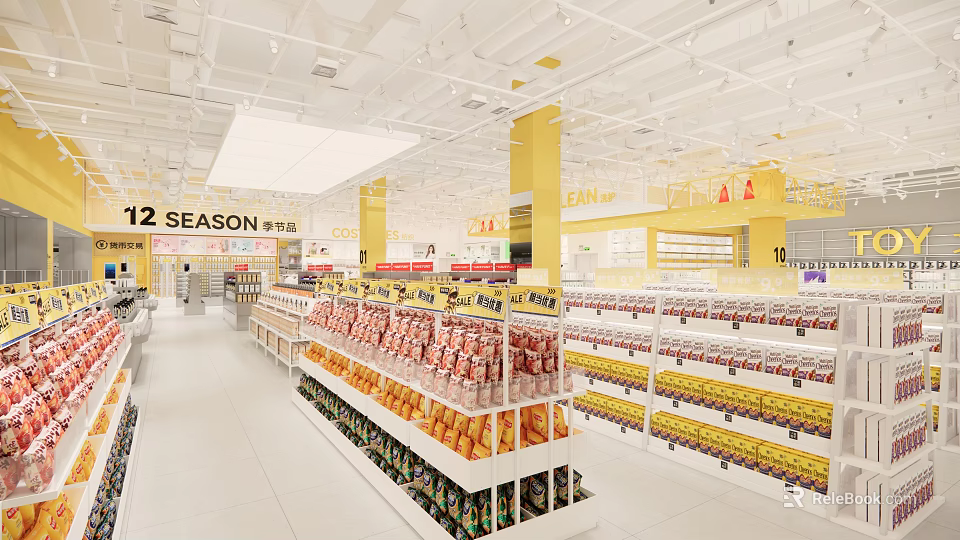 Well Organized Retail Store Interior With Shelves Of Snacks Drinks And Yellow Pillars 3d model 