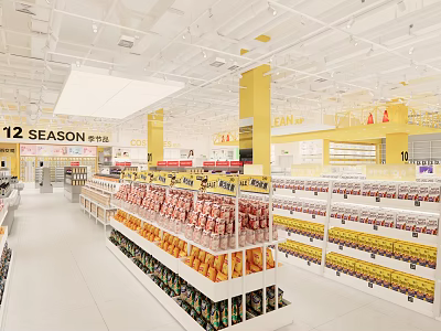 Well Organized Retail Store Interior With Shelves Of Snacks Drinks And Yellow Pillars 3d model