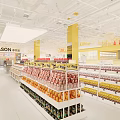 Well Organized Retail Store Interior With Shelves Of Snacks Drinks And Yellow Pillars