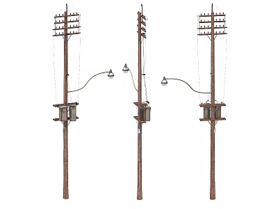 Three Industrial Utility Poles With Crossarms Wires and Lamps 3d model