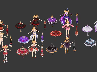 Vibrant Game and Movie Character Designs with Dresses Umbrellas and Accessories 3d model
