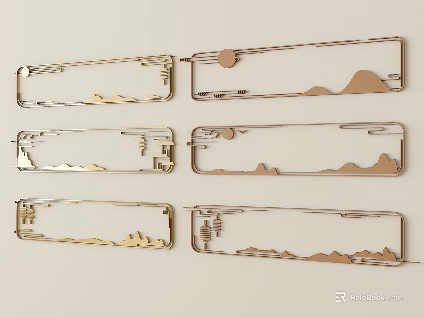 Elegant Metal Carved Decorative Frames With Mountain Sun And Architectural Patterns 3d model 