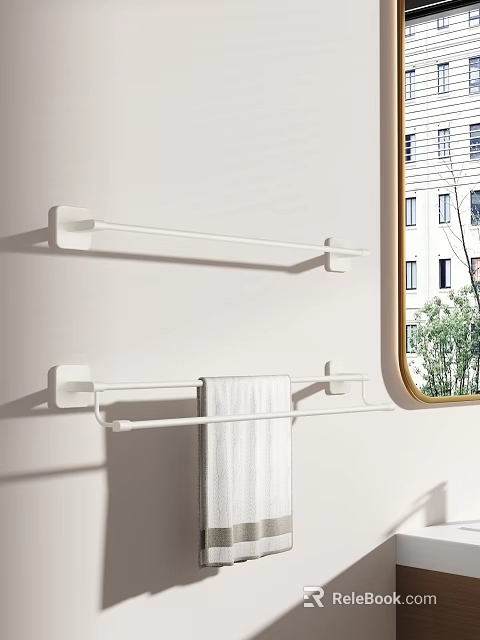 Bathroom Towel Rack White Double Rod Design With Hanging Towel And Mirror 3d model 