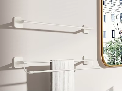 Bathroom Towel Rack White Double Rod Design With Hanging Towel And Mirror 3d model