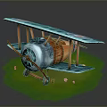 Cartoon Biplane With Blue Wings Wooden Propeller On Green Grass With Small Flowers
