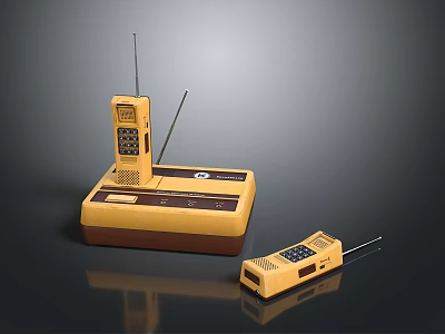 Old-fashioned Yellow Walkie-Talkie with Base Station Handheld Unit Antennas and Buttons 3d model