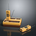 Old-fashioned Yellow Walkie-Talkie with Base Station Handheld Unit Antennas and Buttons